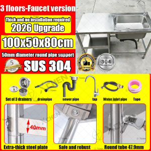 【Free Faucet】304 Stainless Steel Kitchen Sink 120*50CM Complete Set Stable No Shake Load 800kg Adjustable Height Waterproof Anti-pollution Gas Cooker Rack Kitchen Wash Basin