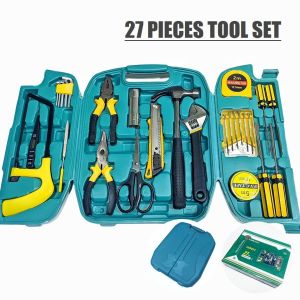 27 Pieces Tool Set with Pliers Hammer Screwdrivers and Tape Measure in Portable Blue Plastic Case for Home DIY Repair