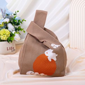 MILLICTD Mini Mid-Autumn Festival Handbag Creative Moon Cake Tote Crochet Handbag Casual Easy To Carry Cartoon Rabbit Handbag Handmade