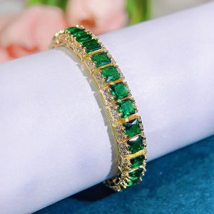 Sequito Phụ Nữ Quyến Rũ trang sức đeo cổ tay Inlay Màu Xanh Lá Cây Công Chúa Cắt aaaaa Zircon lập phương mạ Vàng Thời Trang Trượt Vòng Đeo Tay phụ kiện quần áo B330