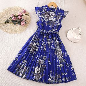 Uniqkids Elegant Fashionable Ruffled Sleeve dress for Kids girl Floral Casual Maxi Dress Pleated Bottom