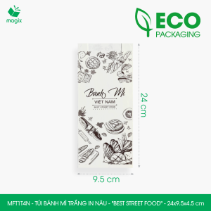 MFT1T4N - 24x9.5x4.5 cm - 500 Túi bánh mì Trắng in sẵn họa tiết BEST STREET FOOD - Bao bánh mì Túi giấy thực phẩm an toàn