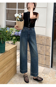 GHAOHES กางเกงยีนส์หลวมสไตล์ย้อนยุคผู้หญิง คอลเลคชั่นใหม่ฤดูใบไม้ผลิ / ฤดูร้อนและฤดูใบไม้ร่วง ขากางเกงตรงเอวสูงแบบเกาหลี