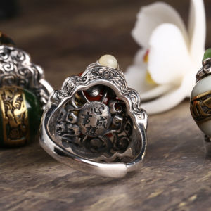 S925 Silver Jade White Jade Southern Red Six-Word Mantra Adjustable Rotatable Ring LZD
