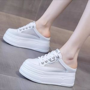 2025 New Model Closed-Toe Half-Slip White Shoes For Women Summer Outdoor Wear Internal Height Increase Platform Thick-Soled Slippers