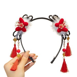 XUANY Red Hanfu Wig Headband Pearl Chinese Style New Year Headwear Ancient Style Headwear Cute Flower Tassel Headband Children
