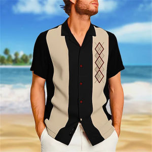 New mens Hawaiian shirt geometry Cuba collar black shirt 3D printing short sleeve casual fashion shirt mens beach T-shirt