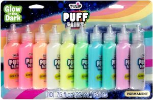 Authentic Tulip Puff Paint Glow in the Dark Colors 10-pack Multi-Surface Premium Quality Non toxic & Waterproof Craft Paint Permanent on Fabric