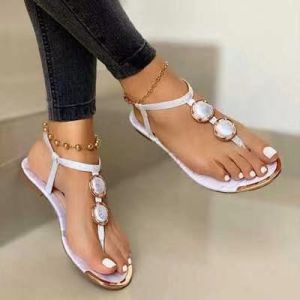 Free Shipping Pearl Sandals For Women Summer Diamond-Encrusted Flat Shoes Flat Heels Soft Soles Fashionable WomenS Shoes Trendy