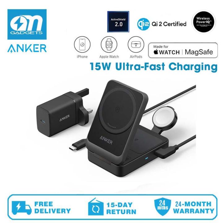 Anker B2557 MagGo Wireless Charging Station (Foldable 3-in-1) Qi2  Compatible with Magnetic 3-in-1 Wireless Charging Station Wireless Output  Apple
