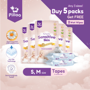 Pilloo Baby Diaper Tape [5 Packs] + [2 Baby Wipes] | Egypt Calendula Extract Dry-Fitt 3D Pearl Design Ultra-Soft | S-M | S52 M48
