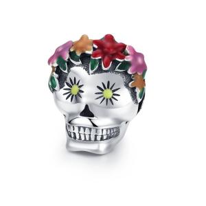 BAMOER Free Shpping October Halloween Collection 925 Sterling Silver September Flower Skull Charms Colorful Enamel Beads fit Women Bracelets DIY Jewelry SCC888