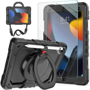 for iPad 11th Generation A16 2025/10th/9th/8th/7th Case + Tempered Glass Screen ProtectorKid Proof 360 Rotatable Kickstand Shoulder Strap Shockproof Rugged Case for iPad Air 11 2026 25 24 Air 542Pro 11 2025 24 226th 5th GenPro 9.7Mini 765