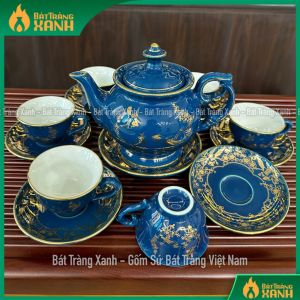 Bộ ấm trà Bát Tràng men xanh Hải Bích vẽ vàng 24k - Bộ bình trà Bát Tràng Cao Cấp chim én đậu cành hoa mai