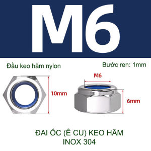 Ê cu (đai ốc) keo hãm bằng inox 304 M6-M8-M10-M12 tùy chọn (bộ 5-10 cái)