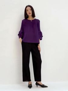 Pleated Solid Color Round Neck T-shirt for Women Autumn New Fashion All-Matching Loose Large Size Plate Flower Beaded Pullover Top