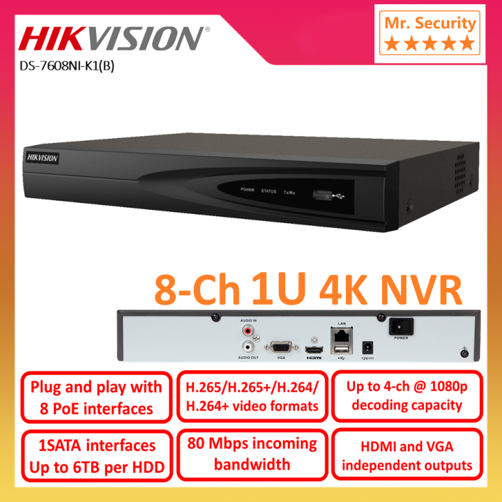 HIKVISION 8CH H.265 1U NVR, 80 Mbps Network Video Recorder, 1 SATA