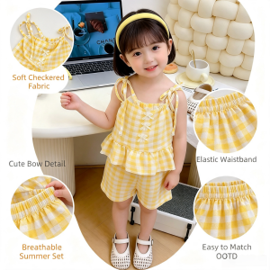 AILEBE Kids Sets Spaghetti Top Shorts Set With Cute Detail Checkered Pattern Soft Comfortable Elastic Summer Wear Simple Stylish Design Easy To Match Pambahay OOTD For Baby Girls 1-12 Years