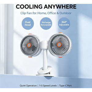 Dual Head Clip Fan Rechargeable Fan 5 Speed Portable Desk Table Fan Strong Airflow USB C Cooling Fan