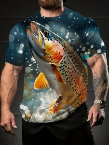 Fishing Pattern Mens Short Sleeve T-Shirt with 3D Digital Print Fashion Sporty Style Summer Streetwear Casual Clothes for Man