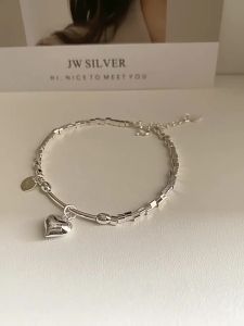 Viviann original s925 sterling silver square circle love pendant bracelet girl gift elegant charm heart bracelets chain beautiful silver color fashion for women wedding Lady cute