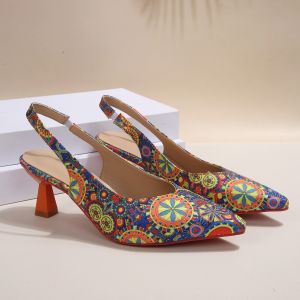 [Free Shipping] 2026 Spring Fashion New WomenS Open-Back Single Shoes Chunky Heel Shallow High Heels Pointed Toe Floral Pattern One-Strap Sandals