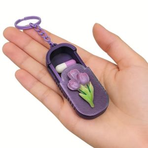 SPDD Tulip Pattern Portable Pill Case Compact Waterproof Keychain Pill Organizer Lightweight Dispenser Pill Holder Box Daily Use