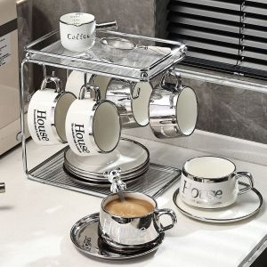 Luxury Coffee Cup Set Exquisite Ceramic Cup Coffee Milk Cup with Storage Rack