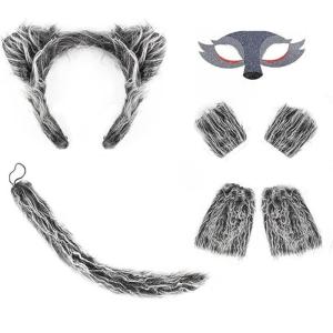 Gray Wolf Costume Set for Children Soft Wool Fabric Animal Headbands and Tail for Halloweens and Themed Parties