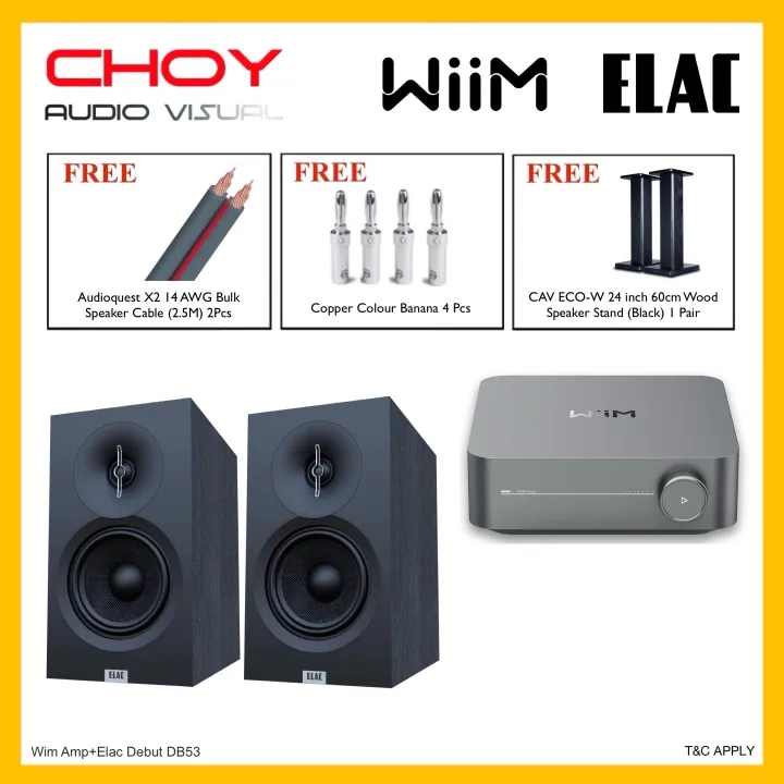 WiiM Amp Streaming Amplifier + Elac Debut DB53 Bookshelf Speaker Package