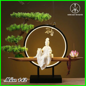 Thác khói trầm hương Tân Nguyên tượng Phật Quan Âm thác đèn led tượng chạm khắc tinh xảo hàng cao cấp TK142