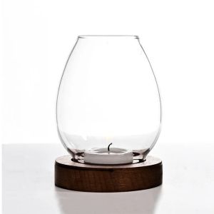 EMILRY Transparent Candlesticks with Cup Cover Round Glass Table Decoration Ornaments Windproof with Wood Base Candle Holders Home