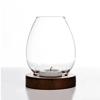 EMILRY Transparent Candlesticks with Cup Cover Round Glass Table Decoration Ornaments Windproof with Wood Base Candle Holders Home