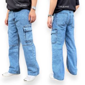 TPPJEANS STRAIGHT CARGO DENIM กางเกงยีนส์คาร์โก้ ทรงกระบอก กระเป๋าข้าง สีบลูฟอกสโนว์ เป้าซิป ทรงสวย มีไซส์ใหญ่ Size 28-42 รับชำระปลายทาง