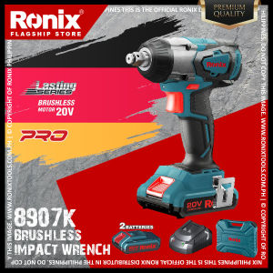 Ronix 8907K 20V Brushless Impact Wrench Kit (2pcs) 2Ah Batteries 1/2" Square Chuck 350Nm Torque 3-Speed Waterproof Motor LED Worklight Metal Gearbox Auto-Stop Function Ergonomic Design Fast Charger BMC Case Ideal for Automotive Construction
