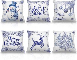 6 Pieces Chinoiserie Christmas Blue and White Throw Pillow Covers 18x18 Inch Chinoiserie Winter Pillow Covers Blue and White Porcelain Floral Vintage Pillow Case for Winter Sofa Xmas Home Decor