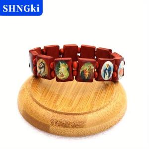 SHNGki Vòng tay Mân Côi bằng gỗ-Hình dán biểu tượng tôn giáo thanh lịch hoàn thiện bằng lớp dầu nhỏ giọt trang sức cầu nguyện hạt mang tính tâm linh dành cho việc mặc để thờ phượng.