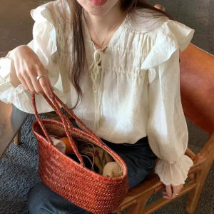 Ielgy Áo sơ mi màu tím buộc dây xù Tay áo loe nữ mới