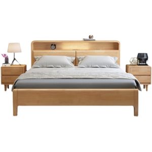 Nordic Solid Wood Bed 2m Double Bed Modern Simple Main Bed 2m with Lamp Storage High Bed Soft Back Wedding Bed