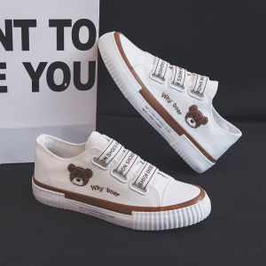 Elastic band embroidered bear canvas shoes student running low-top sneakers slip-on lazy shoes for women
