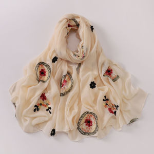 Jifang New Retro Design Embroidery Flower Floral Plain Cotton Linen Pashmina Shawl Muslim Hijabs Travel Shawls Head Scarf PW19