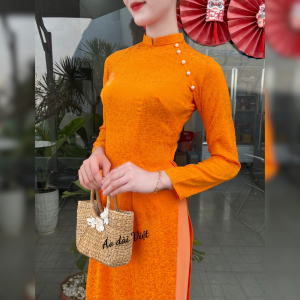 Áo dài gấm hoa nhí cao cấp màu cam đính ngọc sang trọng dáng truyền thống may sẵn