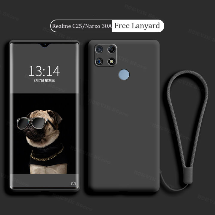 [Free Strap] Realme Narzo 30A/Narzo 20/Realme C25/C25s/C12 Phone Case Lens  Protection Candy Color Casing Solid Liquid Silicone Soft TPU Back Cover 