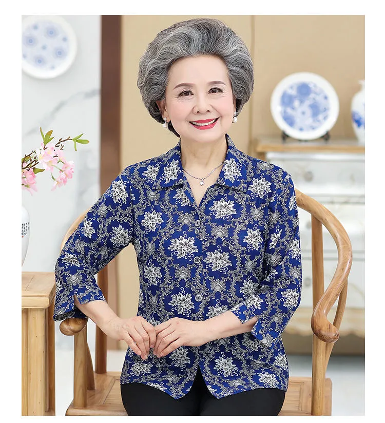 Elderly Summer Womens Long-sleeved Shirt Suit Grandmother Autumn