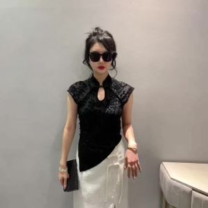 Ammin 2024 Áo sơ mi cài cúc bất thường kiểu Trung Quốc mới cho nữ mùa hè Áo Áo Blouse thanh lịch không tay trễ vai dáng ôm sang trọng