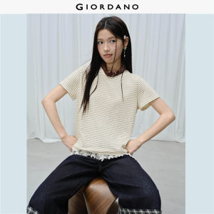 Giordano Women Lace hem striped short sleeve tee Free Shipping 18326617