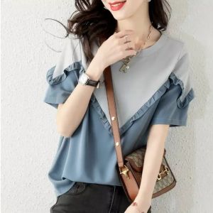 2024 Summer T-shirt Women New Fashion Hit Color Round Neck Korean Short Sleeve Casual Womens Shirt TT
