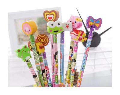 12 PCS Pensil Karakter Gratis Penghapus Karakter Karton - Pensil Kayu (1 Lusin)