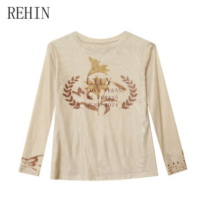 REHIN European Style Botanical Flower Print Mesh Long-Sleeve T-shirt Slim Fit Fall/Winter Fashion Round Collar Elegant S-4XL Womens Top