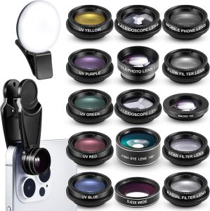 Copkim 16 Pcs Phone Camera Kit 16 in 1 with Selfie Light Universal Clip on Cell Phone 198 Degree Fisheye Wide Angle Macro Kaleidoscope CPL Attachments Compatible with Most Phones